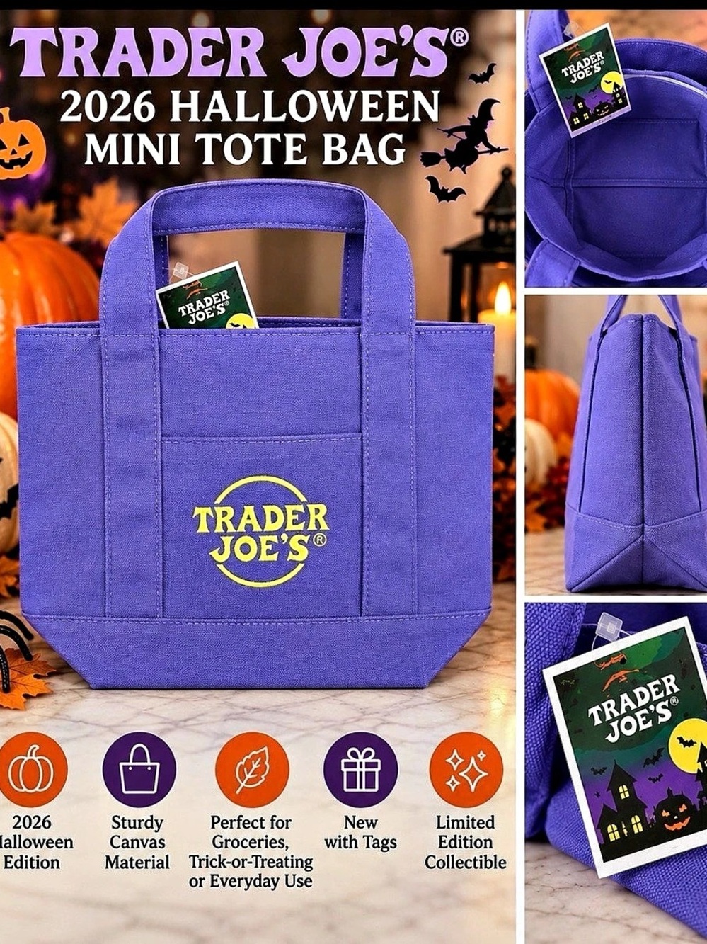 Trader Joe's Trick-or-Treat Mini Canvas Tote Bag Purple NWT